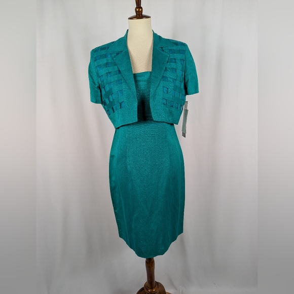 Karin Stevens 2- Piece Sheath Dress Short Sleeve Jacket Linen Embroidered Sz 10P - Picture 1 of 11